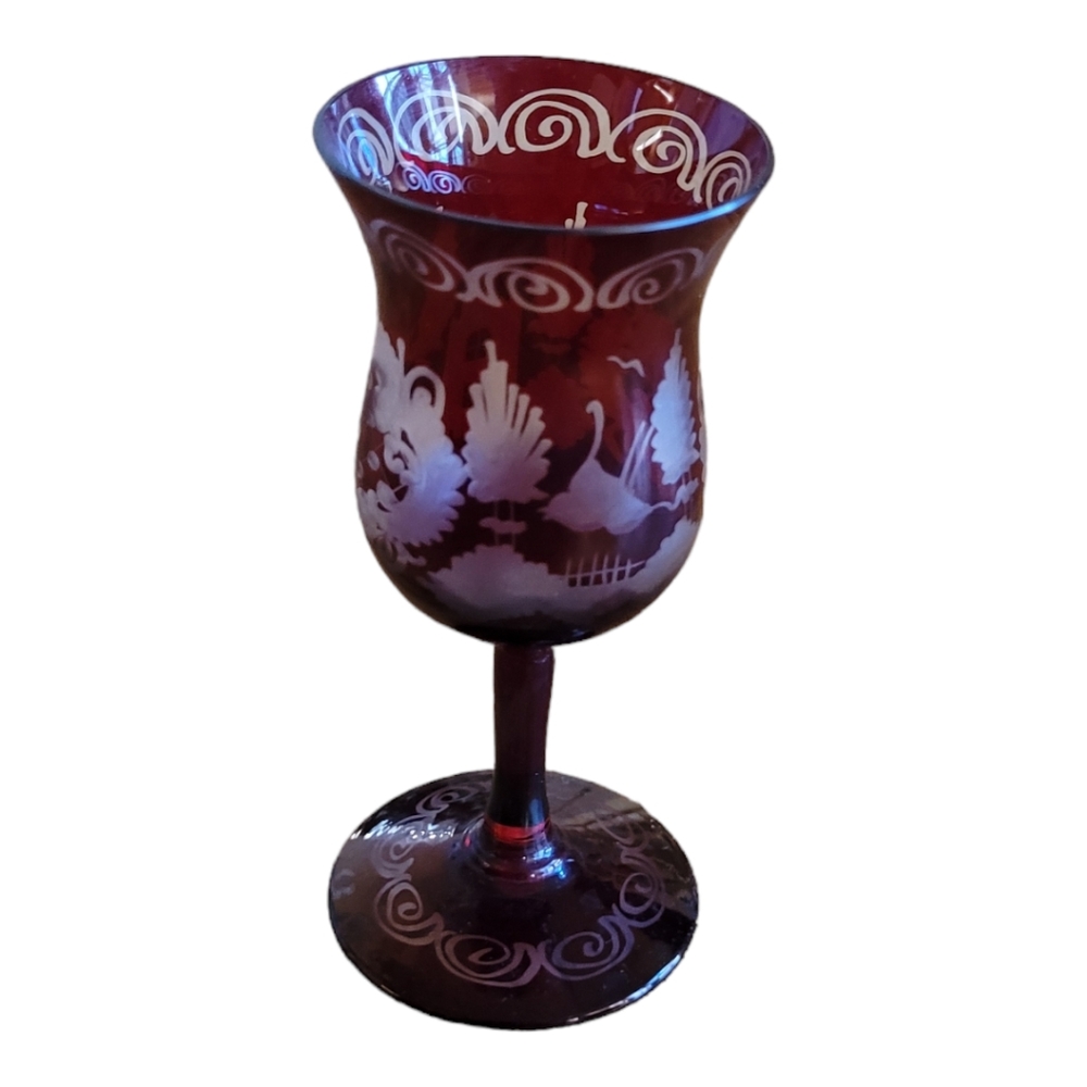 Egermann Bohemian glass Ruby Etched Glass Stemmed Tulip glass
